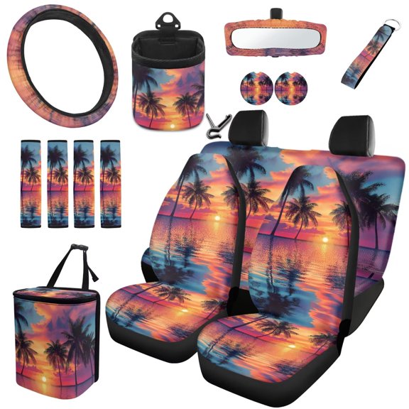 Uorisanigo Sunset Plam Tree Car Seat Cover 15 Pieces, with Safety Seat Belt Pads Air Vent Pouch Steering Covers Trash Can Cup Coasters Rear View Mirror Cover Key Chain,Auto Interior Accessories