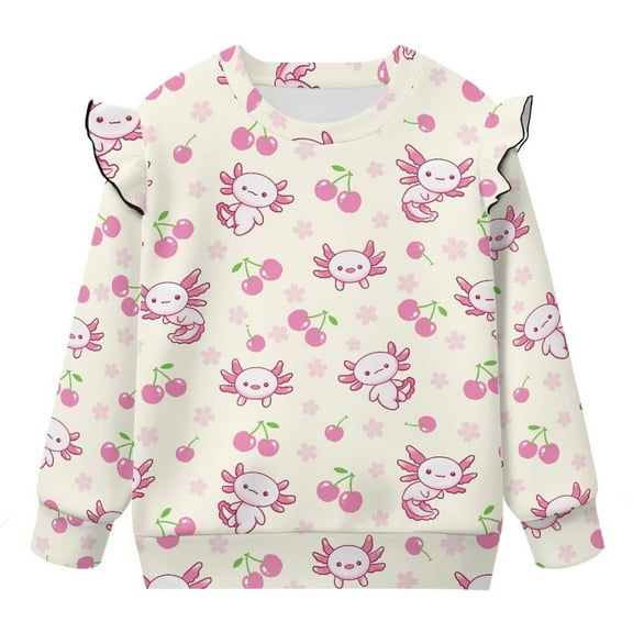 Uorisanigo Sweatshirt for Girls Long Sleeve Crew Neck Pink Cherry Axolotl Pullover Sweater Tops Ruffle Shoulder Sweatshirts Soft and Comfortable Pullover Top