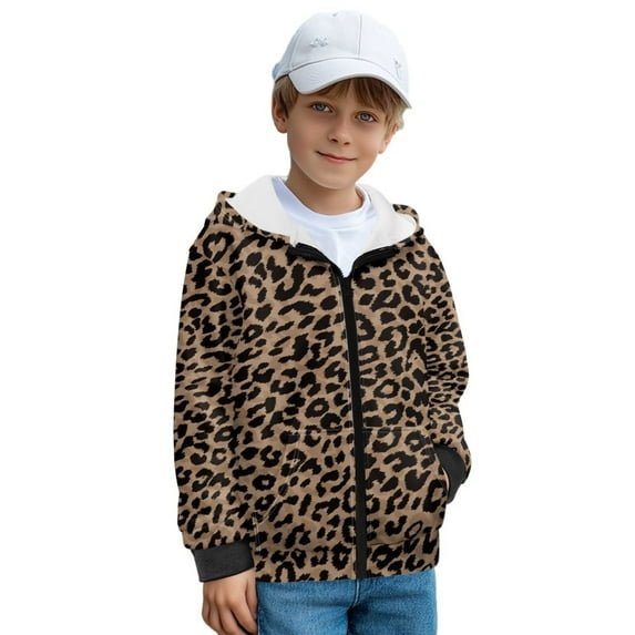 Uorisanigo Sweatshirt for Kids Zip Up Hoodie Brown Cheetah Leopard Print Jacket Lightweight Long Sleeve Pullover Top Fashion Fall Trendy Clothes Casual Athletic Sweatshirt