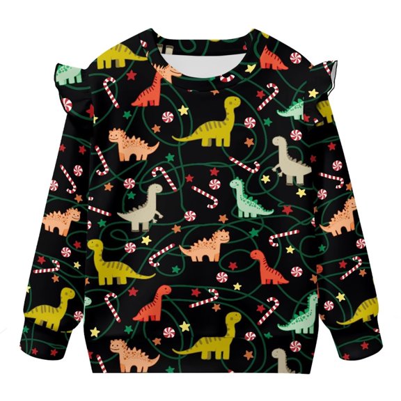 Uorisanigo Sweatshirt Long Sleeve Crewneck Pullover Tops Kids Oversized Sweatshirts Ruffle Shoulder Candy Dinosaur Colorful Sweatshirt for Girls Fall Clothes 1-2T