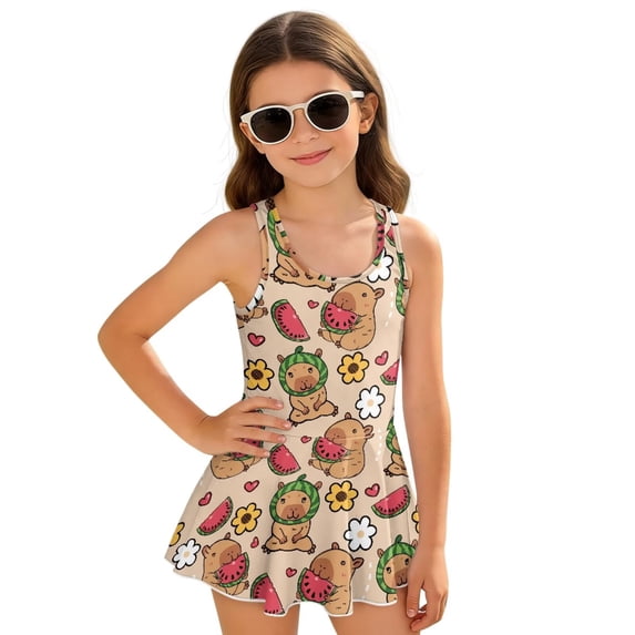 Uorisanigo Swimsuit One Piece for Girls Kawaii Capybara Watermelon Back Strap Summer Swim Dress Size 12-13 Sleeveless Bathing Suits Beach Sport
