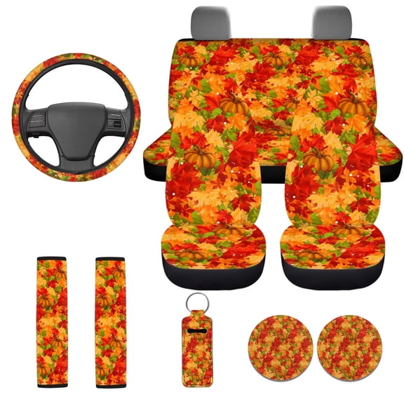 Uorisanigo Thanksgiving Leaves Pumpkins 10 Pieces Car Seat Covers with Steering Wheel Accessories and Seat Belt Pads and Water Cup Coaster Keychains All-Season Protection Fit for Car SUV
