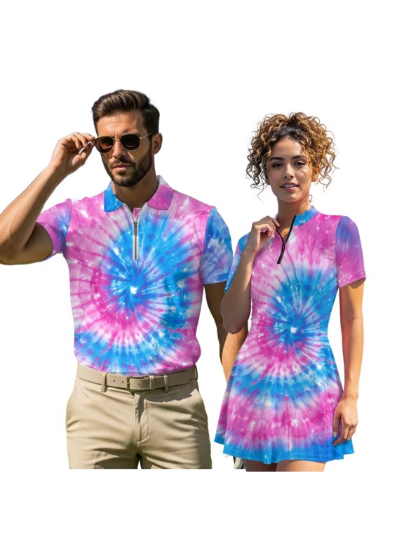 Tie Dye Matching Couple Outfits Golf Shirts for Men Size L Short Sleeve Athletic Collared Tops and Womens Golf Clothes Build in Shorts with Pockets Short Sleeve Sports Wear