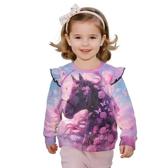 Uorisanigo Toddle Sweatshirt Casual Long Sleeve Girls Crewneck Sweatshirt 1T 2T Pink Rose Western Horse Ruffle Shoulder Hooded Pullover Tops for Fall Winter Spring