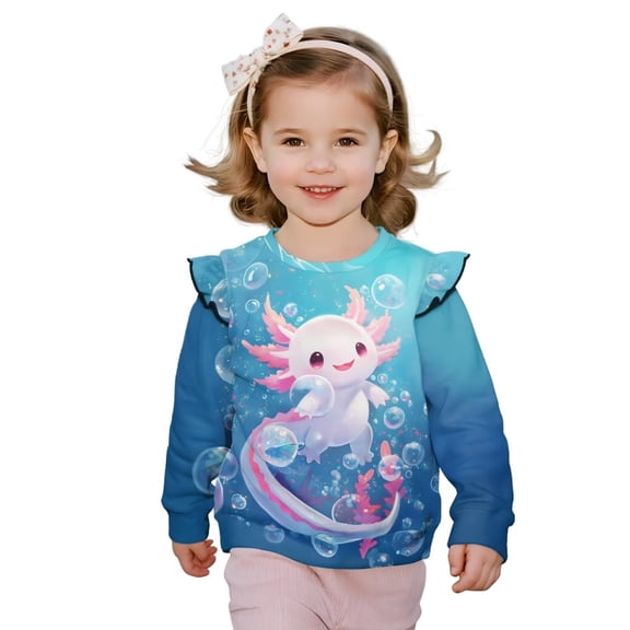 Uorisanigo Toddler Baby Girl Sweatshirt Ruffle Shoulder Pullover Sweatshirts Novelty Pink Axolotl Bubble Pullover Hoodies Age 1-2 Casual Hoodies Crew Neck Blouse