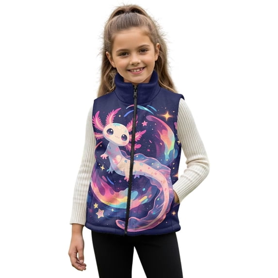 Uorisanigo Toddler Boys Girls Fleece Vest Sleeveless Zip Front Jacket Lightweight Warm Outwear Cute Axolotl Planet Tank Top with Pockets Fall Winter Fashion Kids Outdoor Layering
