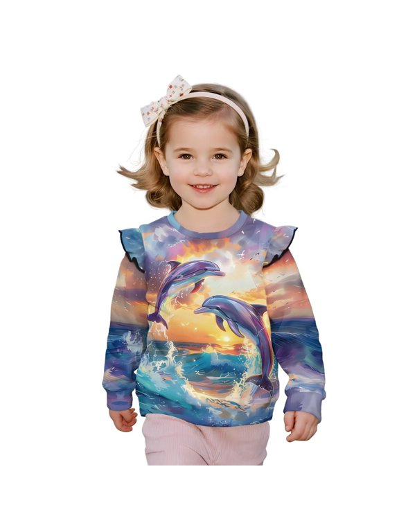 Toddler Girl Ruffled Shoulder Sweatshirt Long Sleeve Crewneck Purple Dolphin Sunset Pullover Tops Sweater, Breathable Athletic T-Shirts Blouse for Girls