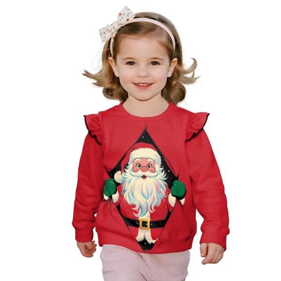 Uorisanigo Toddler Girl Sweatshirt Comfy Kawaii Santa Claus Hoodie No Hood Sweatshirt Crewneck Ruffle Shoulder Pullover Shirts Sweater Blouse Fall Clothing