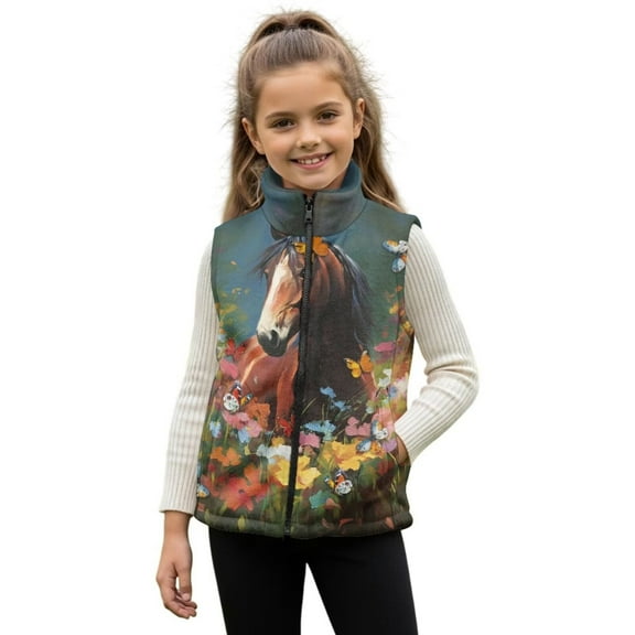 Uorisanigo Toddler Girls Boys Fleece Vest Sleeveless Full-Zip Western Horse Flowers Jacket Casual Lightweight Fall Winter Clothes Outwear Waistcoat Stand Up Collar Puffer Vest