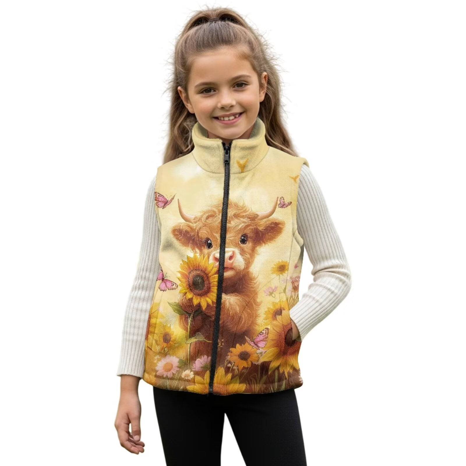 Uorisanigo Toddler Girls Boys Winter Fleece Vest Baby Highland Cow Sunflower Puffy Sleeveless Jacket with Pockets, Lightweight Full Zipper Outerwear Waistcoat for Fall Winter Layering