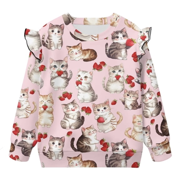 Uorisanigo Toddler Girls Sweatshirt Kids Strawberry Cat Shirt Pullover Tops Ruffle Shoulder Oversized Sweatshirts Fall Winter Spring Clothes Sweaters Shirts Age 1-2