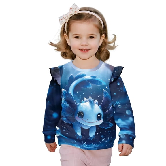 Uorisanigo Toddler Sweatshirt Crewneck Pullover Tops Ruffle Shoulder Blue Axolotl Print Pullover Shirts for Girls Fall Winter Spring Clothes Sweater Hoodies