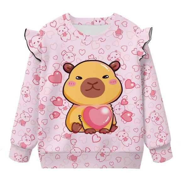 Uorisanigo Toddler Sweatshirt Girls Ruffle Sleeve Pink Heart Capybara Sweatshirts Long Sleeve Shirts Crewneck Pullover Tops for Playtime & Outings (2T-3T)