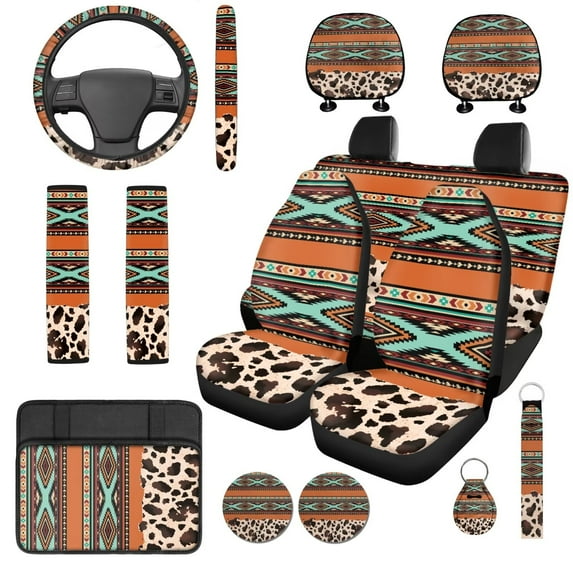 Uorisanigo Tribal Aztec Car Accessories Set 14 Pcs with Cars Seat Covers and Steering Wheel Accessories Seat Belt Pads Auto Console Cover Cars Headrest Cover Keychain Comfortable for Car SUV