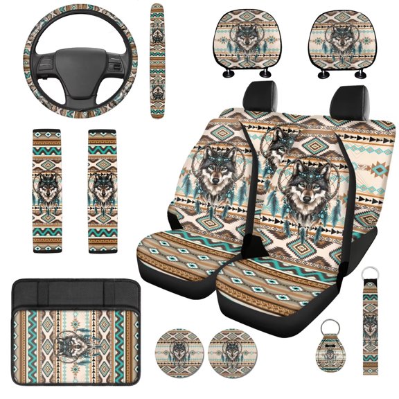 Uorisanigo Tribal Wolf 14 Pieces Automobile Seat Cover Sets Cars Headrest Cover and Steering Wheel Cover Auto Seat Belt Cover Armrest Cover Car Water Cup Pad and Keychain Soft for Car SUV