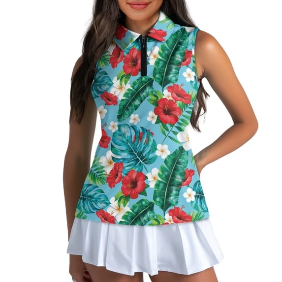 Uorisanigo Tropical Flowers Hiking Running Workout Tops for Women Relaxed Sleeveless Women's Dry-Fit Golf Shirts Versatile Quarter Zip Workout Tank Tops Size XS
