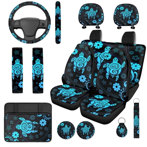 Uorisanigo Turtle Floral Car Seat Covers Set 14 Pcs with Auto Headrest Cover and Seat Belt Cover Cars Console Cover Steering Wheel Cover Cars Water Cup Coaster Keychain Anti-slip Fit Car SUV