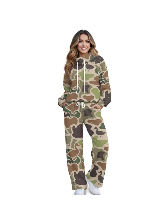 Two Piece Sets for Women Lounge Sets Mock Neck Tops Wide Leg Pants Vacation Travel Airport Outfits Duck Camo Hunting Fall Outfits Plus Size Drawstring Lounge Wear Jogger Set