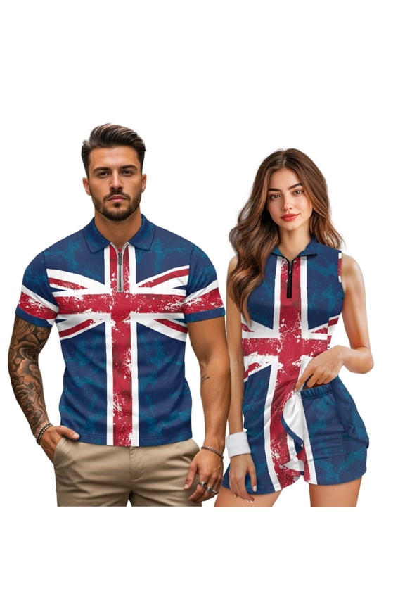 UK Flag Couples' Outfits His and Hers Clothing Men Zipper Shirt Size L Quick Dry Short Sleeve Shirts for Work Athletic and Womens Golf Clothes Build in Shorts with Pockets