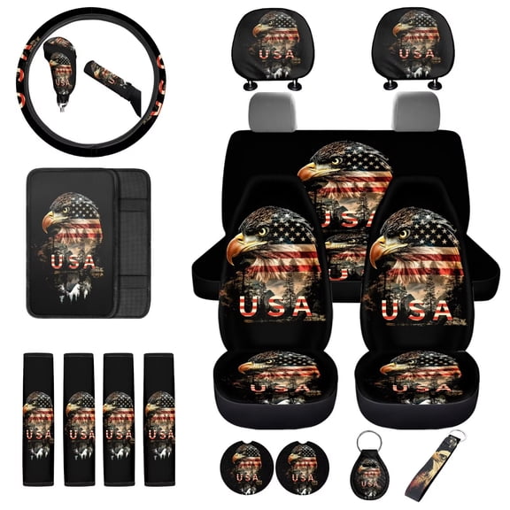 Uorisanigo USA Flag Eagle 18 Pcs Car Seat Cover Set with Shoulder Strap Protector+Steering Cover+Armrest Cushion+Headrest Covers+Shift Knob & Handbrake Covers+Car Coaster+Keychain