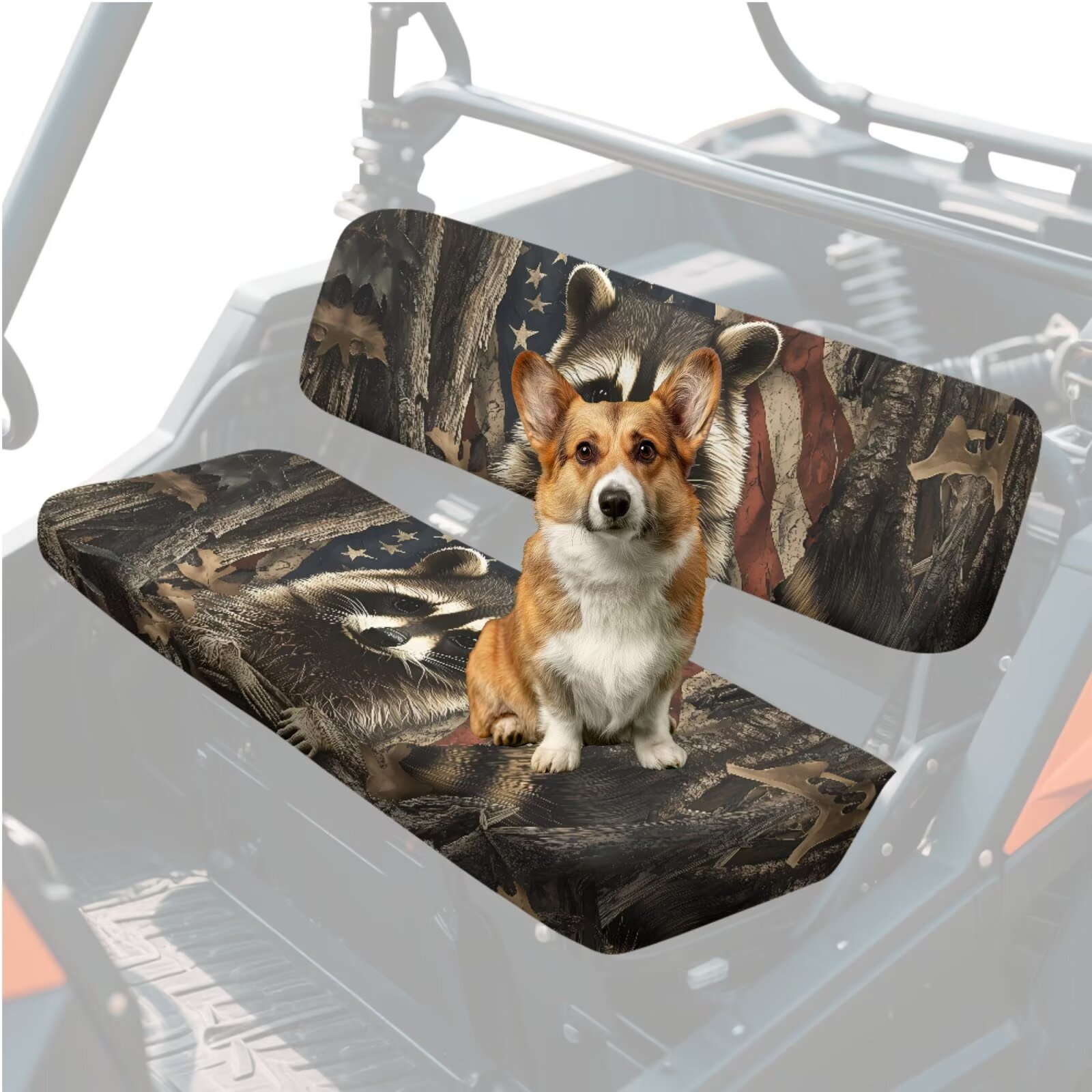 Uorisanigo UTV Seat Cover for Kawasaki Mule 4010 4x4 2009-2025, Non-Slip Mule Front Bench Seat Cover with Elastic Band, American Flag Camo Raccoon Hunter UTV Seats Accessories