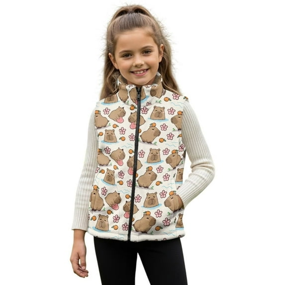 Uorisanigo Unisex Boys Girls Fleece Jacket Vest Puffy Sleeveless Cute Capybara Flower Zip Front Jacket with Pockets Soft Cozy Stand Up Collar Warm Outwear Waistcoat Size 2-12