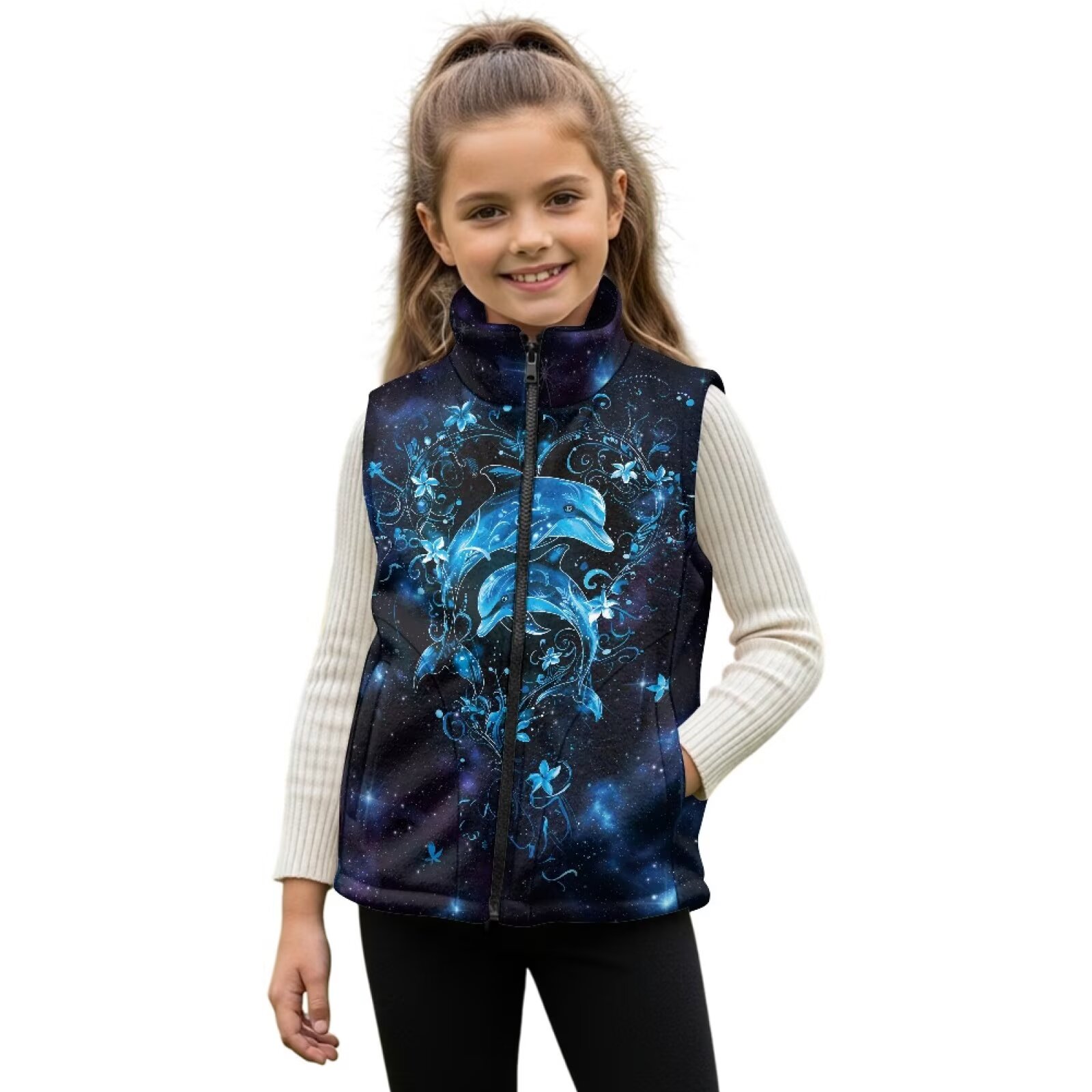 Uorisanigo Unisex Boys Girls Zippered Vest Sleeveless Jacket Puffy Fleece Stand Up Collar Jackets Blue Dolphin Flowers Vests Fuzzy Outwear with Pockets Fall Fashion Outfits Clothes