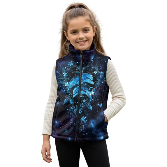 Uorisanigo Unisex Boys Girls Zippered Vest Sleeveless Jacket Puffy Fleece Stand Up Collar Jackets Blue Dolphin Flowers Vests Fuzzy Outwear with Pockets Fall Fashion Outfits Clothes