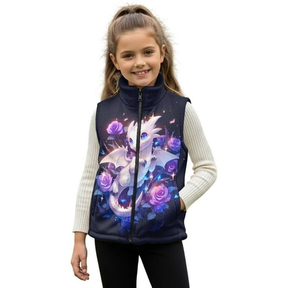 Uorisanigo Unisex Kids Fleece Vest Girls Boys Purple Flower Dragon Zippered Vest Sleeveless Stand Collar Outwear 2-12 Years Soft and Lightweight Tank Top Coat with Pockets