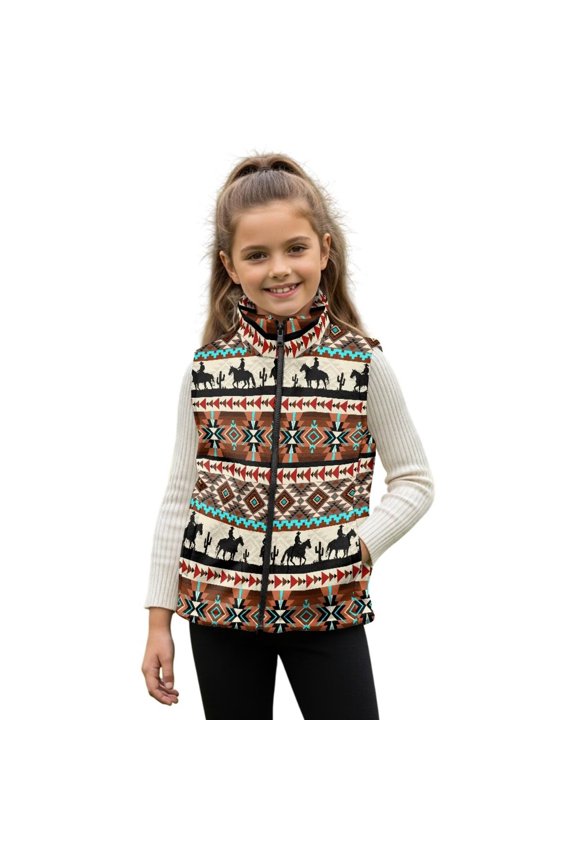 Unisex Kids Fleece Vest with Pockets Lightweight Full Zip Sleeveless Ethnic Geometric Aztec Horse Vest Soft and Comfortable Outwear Jacket Fall Winter Warm Outwear