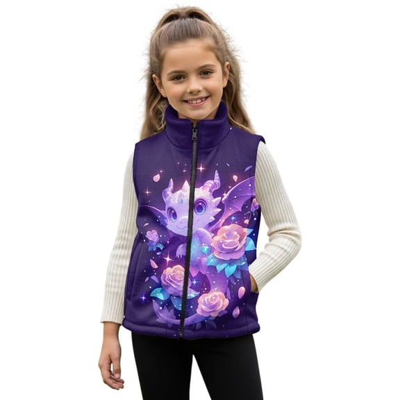 Uorisanigo Unisex Kids Fleece Vest Puffy Sleeveless Zip Front Jacket Fall Winter Warm Outwear Fashion Full Zipper Cute Dragon Rose Tank Top with Pockets 2-12 Years