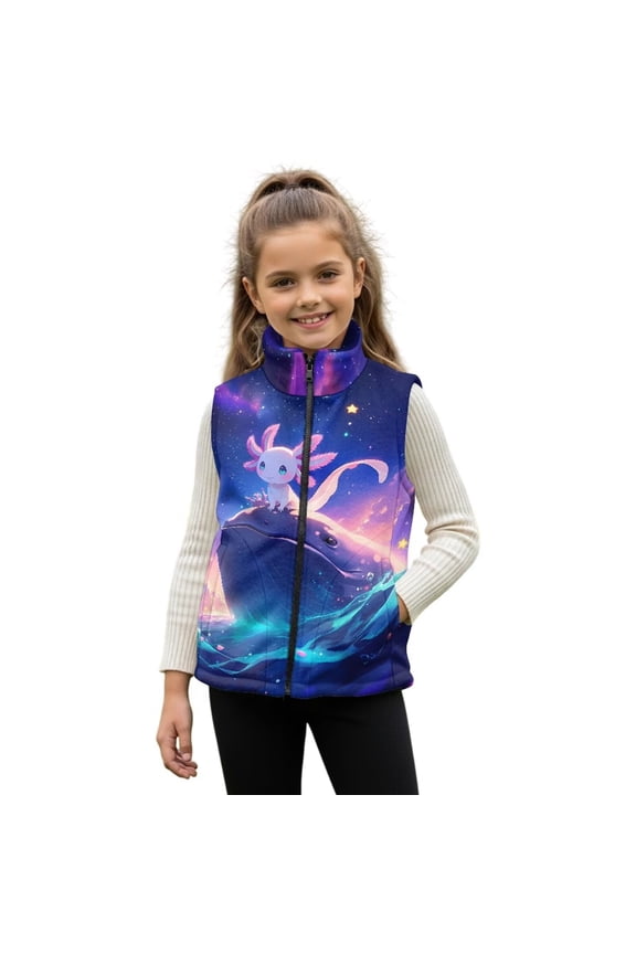 Unisex Kids Fleece Vest Warm Winter Pink Blue Axolotl Sleeveless Full Zipper Girls Boys Jacket Fall Fashion Outfits Clothes Puffer Vests Fuzzy Outwear Waistcoat with Pockets