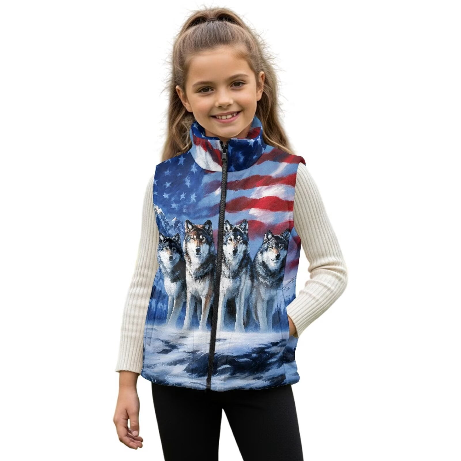 Uorisanigo Unisex Kids Fleece Vest Warm Winter Sleeveless Full Zipper Girls Boys Jacket with Pockets Soft Comfy American Flag Wolf Puffer Vest Fall Winter Outfits Clothes Size 2-12