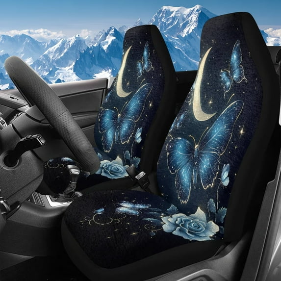 Uorisanigo Universal Car Seat Cover for Front Only Washable Moon Blue Butterfly High Back Bucket Seat Covers - Fit Most Cars, Trucks, SUVS, Vans 2 PCS Car Seats Protectors