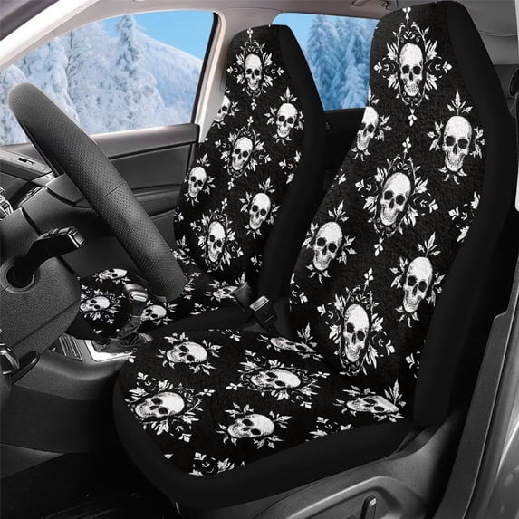 Uorisanigo Universal Car Seat Covers, Soft Auto Bucket Seat Covers Fluffy Furry Skull Print Car Seats Cover Cushion Accessories for Women, Set of 2