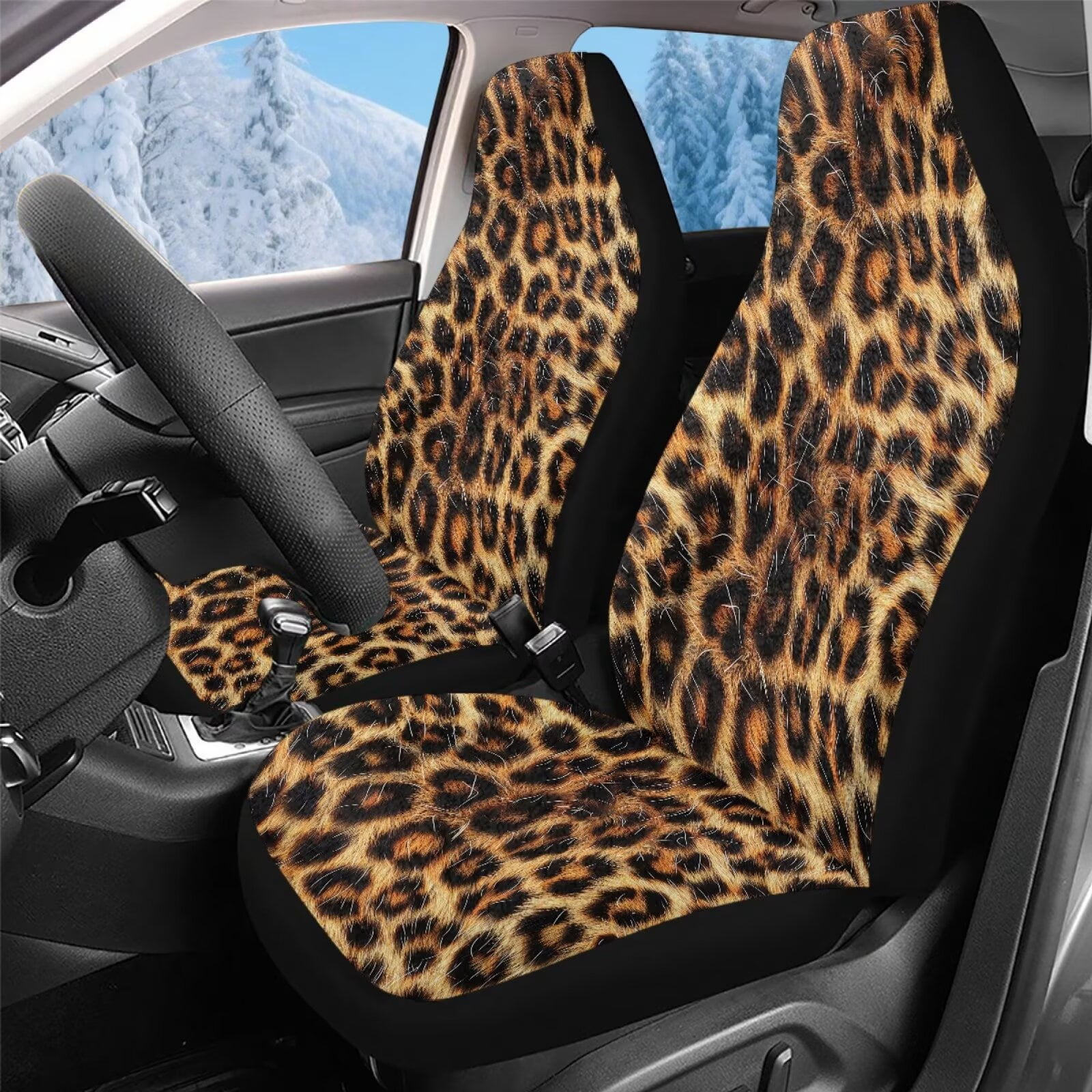 Uorisanigo Universal Car Seat Covers, Washable Breathable Brown Cheetah Leopard Print Front Seat Covers Fluffy Furry Car Seats Cover Cushion Accessories for Women, Set of 2