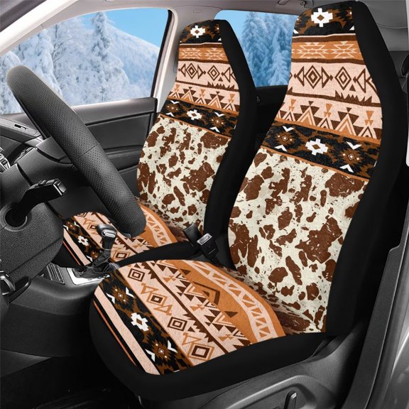 Uorisanigo Universal Front Car Seat Covers Washable Aztec Cow Print Highback Bucket Seat Covers - Soft Fuzzy Fur Full Wrapping Edge Seats Cover Fit Most Cars, Trucks, SUVS, Vans 2 PCS