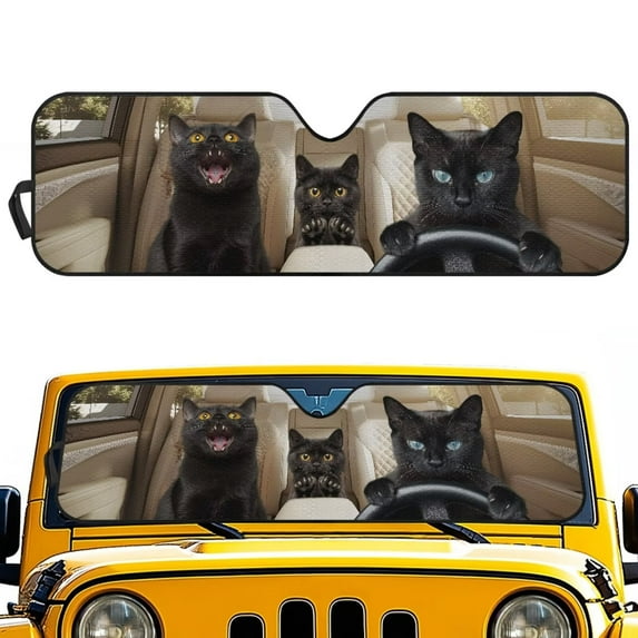 Uorisanigo Upgrade Windshield Sun Shade for Wrangler, Compass, Gladiator & Renegade, Foldable Funny Black Cat Print Windshield Sun Visor Front Window Sunshade Blocks UV Rays
