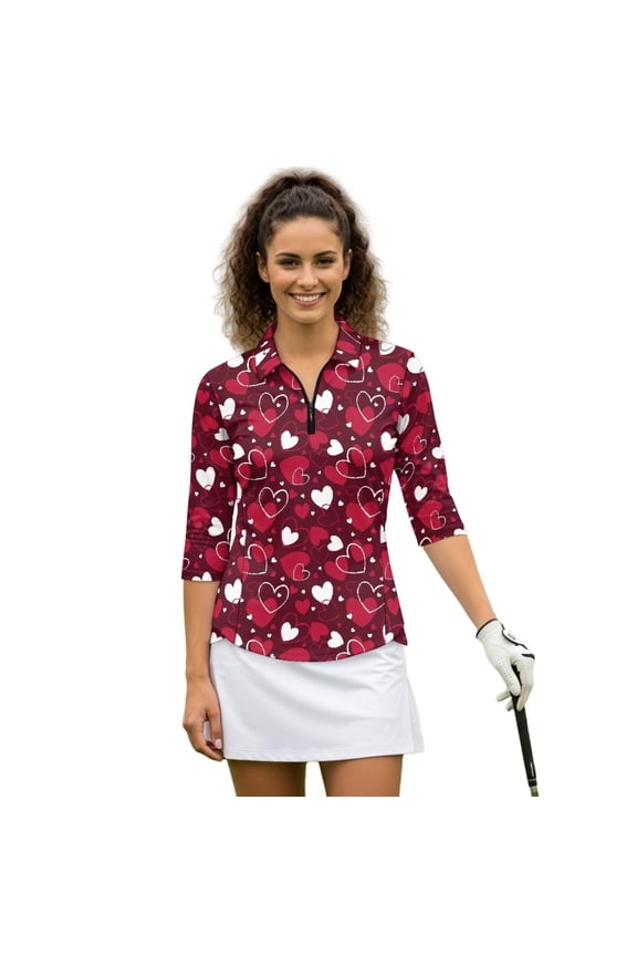 Valentine's Day Heart Women's 3/4 Sleeve Athletic Golf Shirts Quarter Zip Quick Dry Athletic Polo Shirts Comfortable Polyester Spandex Fabric Outing Wear Tennis Tops