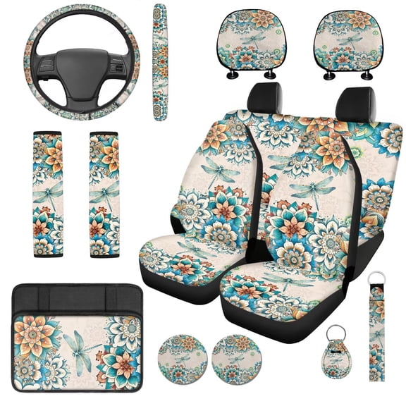Uorisanigo Vintage Dragonfly Floral 14 Pack Cars Seat Covers Car Steering Wheel Cover and Headrest Cover Auto Console Cover Cars Seat Belt Pad Cover Keychain Soft Comfortable for Car SUV