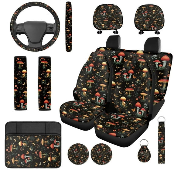 Uorisanigo Vintage Mushroom 14 Pieces Auto Seat Cover with Car Headrest Cover Steering Wheel Cover and Armrest Cover Car Auto Seat Belt Cover Keychain Comfortable Elastic Fit for Cars,SUVs