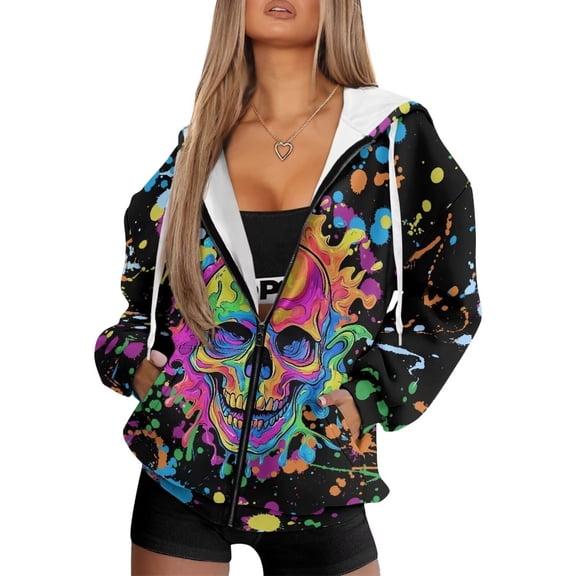 Uorisanigo Watercolor Skull Hoodie for Women Warm Drop Shoulder Hoodies for Women Oversized Sweatshirts with Pocket Lightweight Workout Winter Clothes Size XS