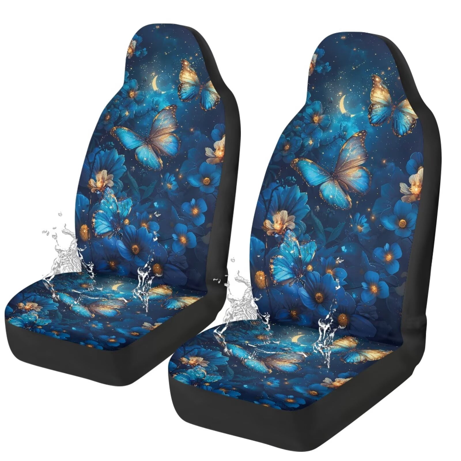 Uorisanigo Waterproof Car Front Seat Covers Stretch Polyester Fabric Cover Blue Butterfly Floral Auto Interior Accessories 2 Pcs Set Universal Front Seat Cover Fit for Most Cars,SUV, Trucks