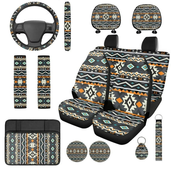 Uorisanigo Western Aztec 14 Pieces Automobile Seat Cover Sets Steering Wheel Cover Car Headrest Cover Center Console Cover Cars Seat Belt Pad Cover Water Cup Pad Comfortable Fit Most Car,Suv