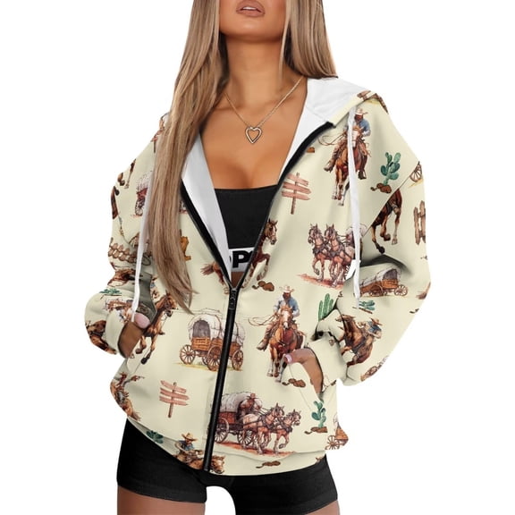 Uorisanigo Western Cowbody Horse Womens Zip Up Hoodies Sweatshirt Slight Stretch Pocket Oversized Casual Sweatshirts Comfortable Winter Fashion Clothes Size M