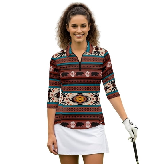Uorisanigo Western Tribal Bear Women's Golf Shirt Relaxed Comfortable Quick Dry Athletic Polo Shirts 3/4 Sleeve Soft Breathable Polyester Spandex Fabric Womens Zipper Neck Pullover