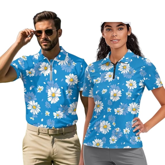 Uorisanigo White Daisy Couple Matching Outfit Men and Women Golf Shirts 1/4 Zip Up Quick Dry Short Sleeve Golf Lapel Collared Summer Shirt Athletic T Shirt Casual Workout
