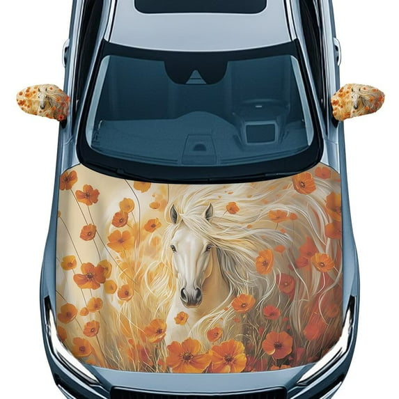 Uorisanigo White Horse Flowers Hood Cover and Car Side View Mirror Cover Easy Installation Stretch Covers Protector Polyester Fabric Automotive Accessories Suitable for Cars