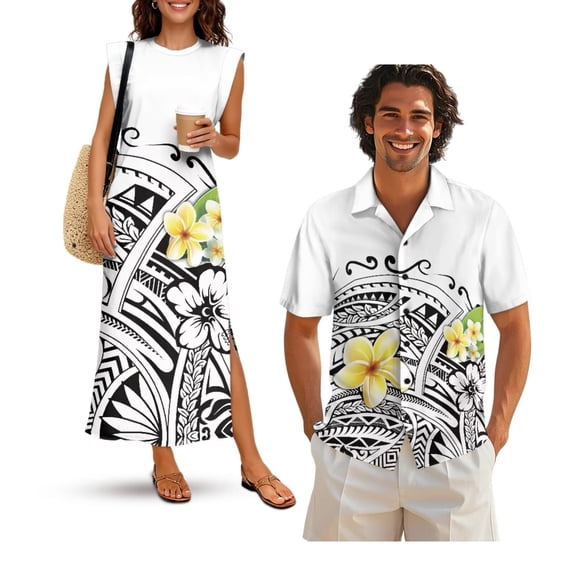 Uorisanigo White Polynesian Matching Couple Outfits Button-Down Shirt for Men Fashion Hawaiian Tops Workwear and Womens Sleeveless Dress with Split Beach Vacation Sundress
