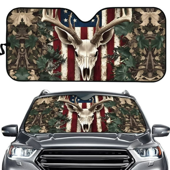 Uorisanigo Windshield Shade Easy to Install American Flag Hunting Forest Skull Deer Car Sun Shade Windshield Funny Portable Car Windshield Sunshade Block UV Rays and Heat Keeps Vehicle Cool